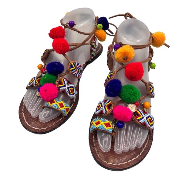 Sam Edelman Shoes - SIZE 7.5 Sam Edelman Lisabeth Beaded Charm Pom Boho Hippie Leather Sandals